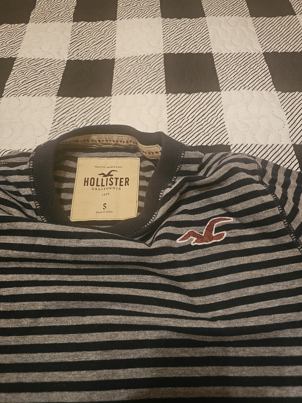 Hollister Striped Crewneck Tee in Black & Gray with Red Logo
